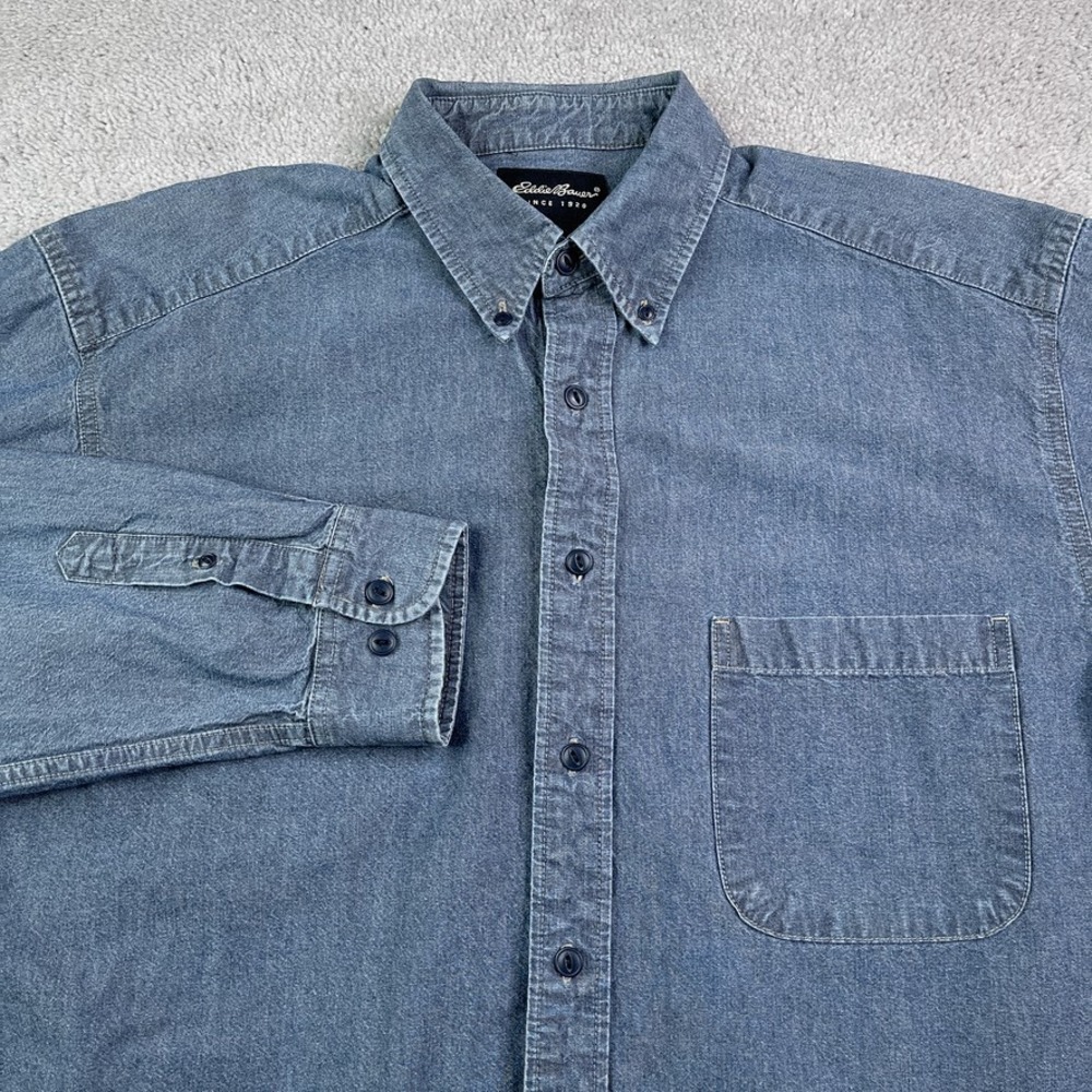 Vintage Eddie‎ Bauer Shirt Mens Large Blue Denim Button Up Chore Workwear Y2K